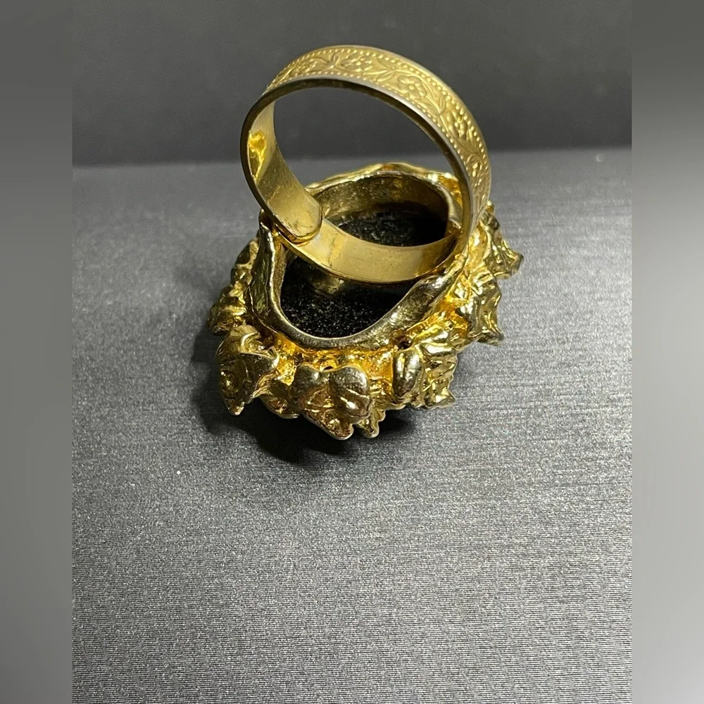Moroccan Glass Lg Cabochon Gold Tone Leaves Vintage Adjustable Ring Sz 7 - Picture 11 of 12